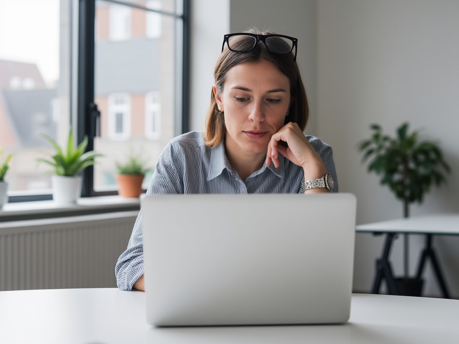 Adviseur werkt geconcentreerd achter een laptop in een advieskantoor