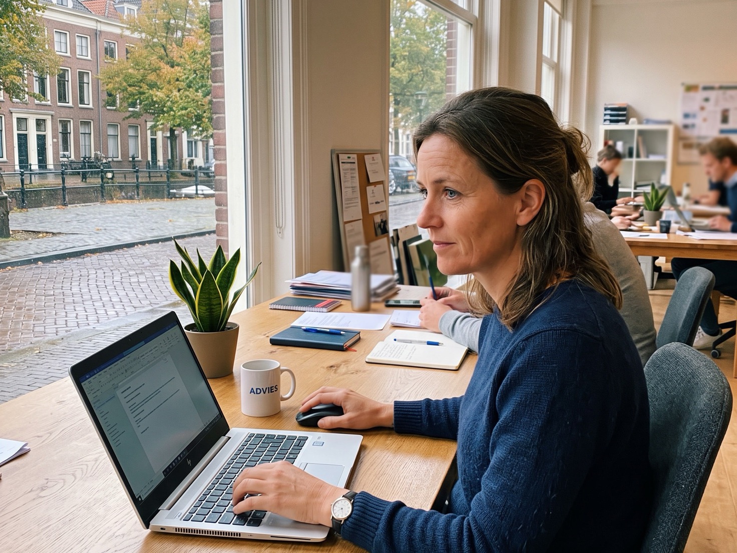 Adviseur werkt geconcentreerd achter haar laptop aan een overlegtafel in een Nederlands advieskantoor
