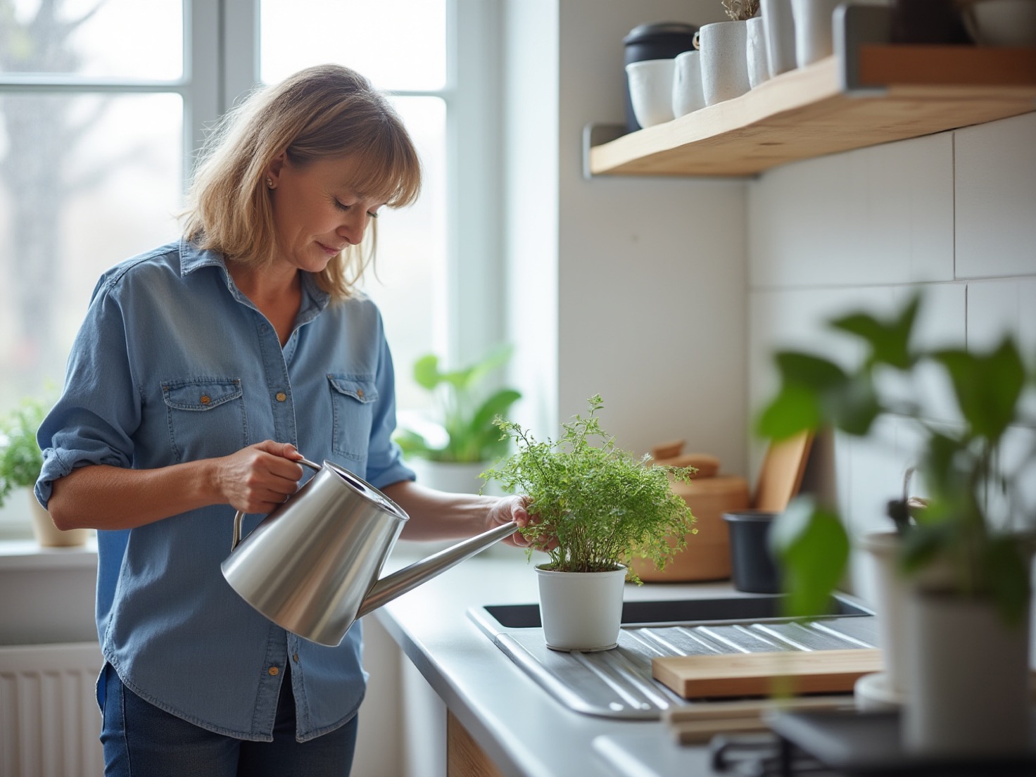 Adviseur zet een gieter neer bij een plant aan het aanrecht, rustig daglicht