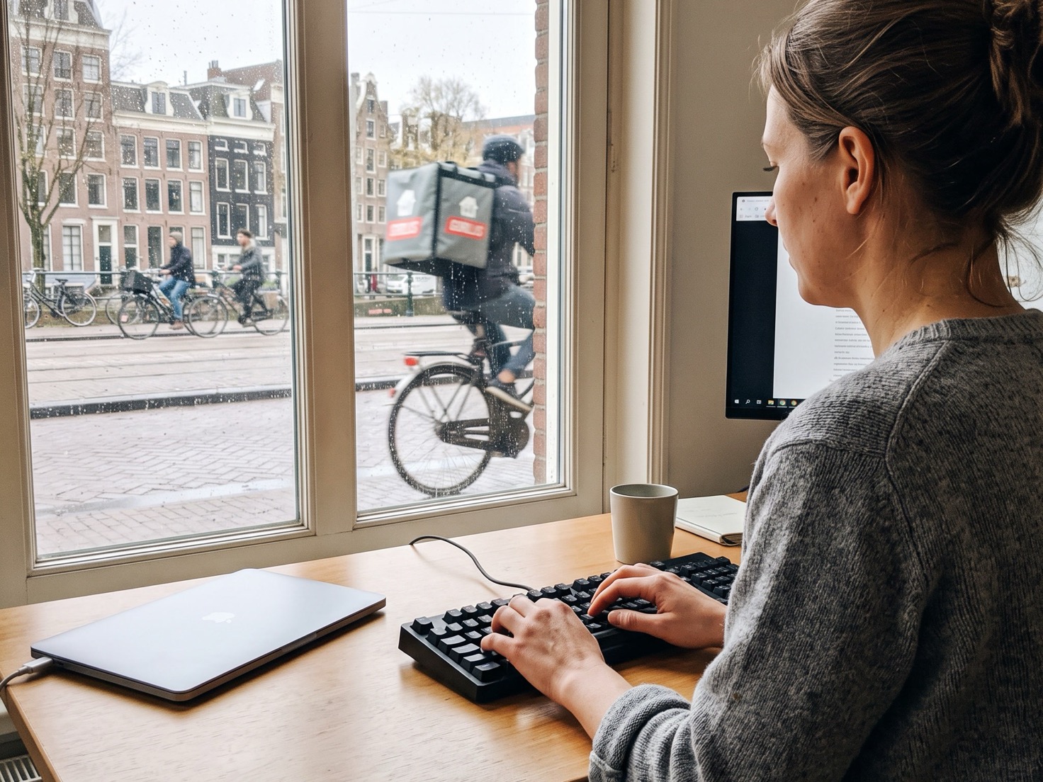 Adviseur werkt aan haar bureau bij het raam terwijl een deel van het kantoorwerk op afstand wordt gedaan