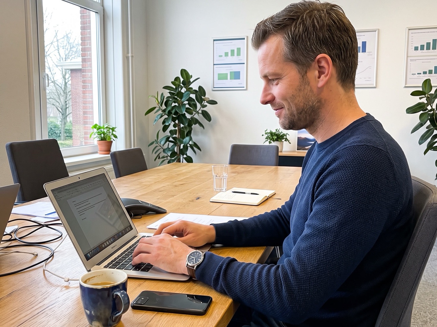 Financieel adviseur typt een korte update-mail aan een klant op kantoor