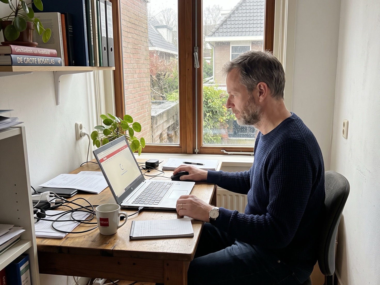 Financieel adviseur werkt achter een laptop in een Nederlands advieskantoor