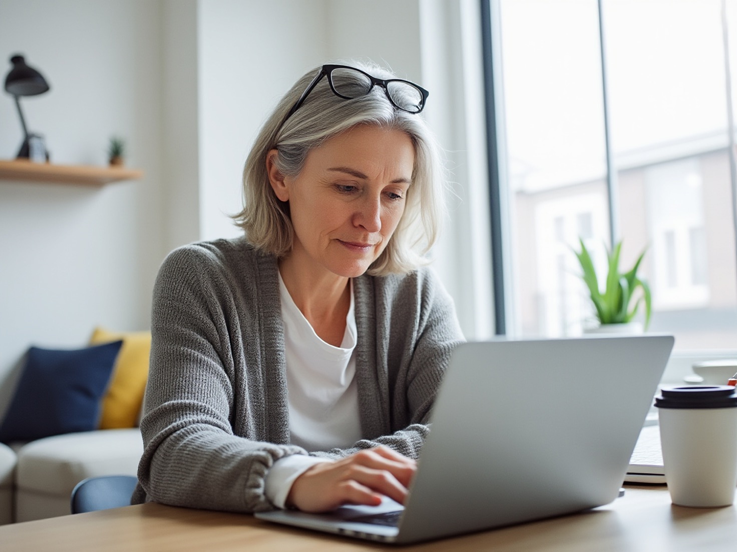 Adviseur staat naast haar bureau en werkt aan een laptop in een licht kantoor