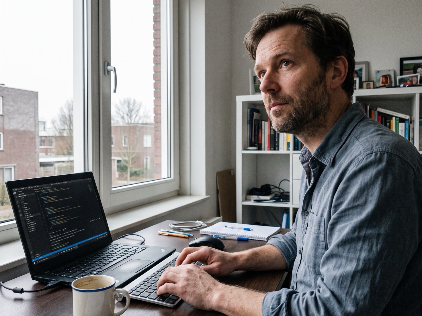 Financieel adviseur werkt aan zijn bureau bij het raam aan het begin van de werkweek