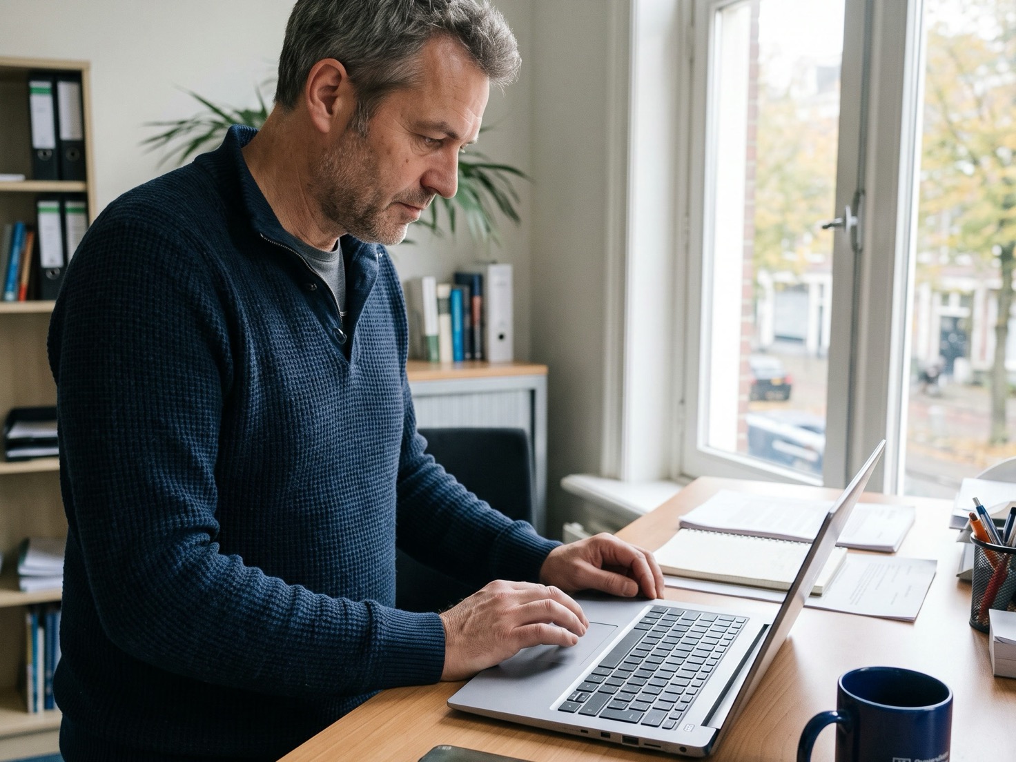 Financieel adviseur werkt op zijn laptop aan een bureau, telefoon met het scherm naar beneden ernaast