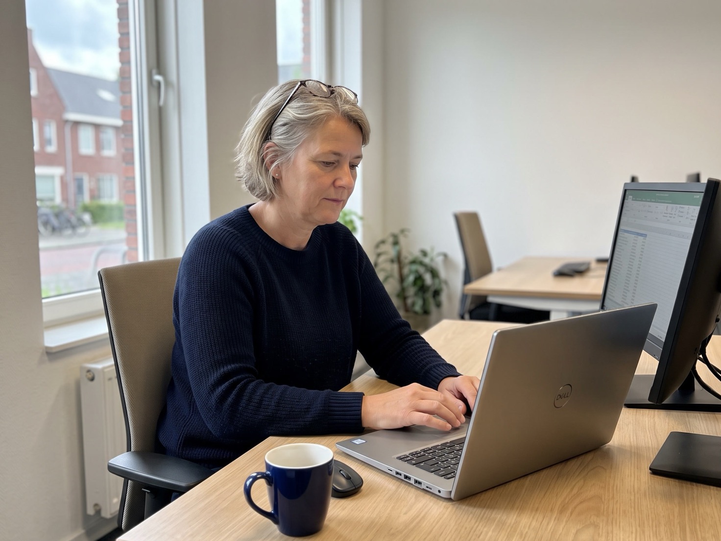 Financieel adviseur werkt achter een opgeruimd bureau met laptop en tweede scherm