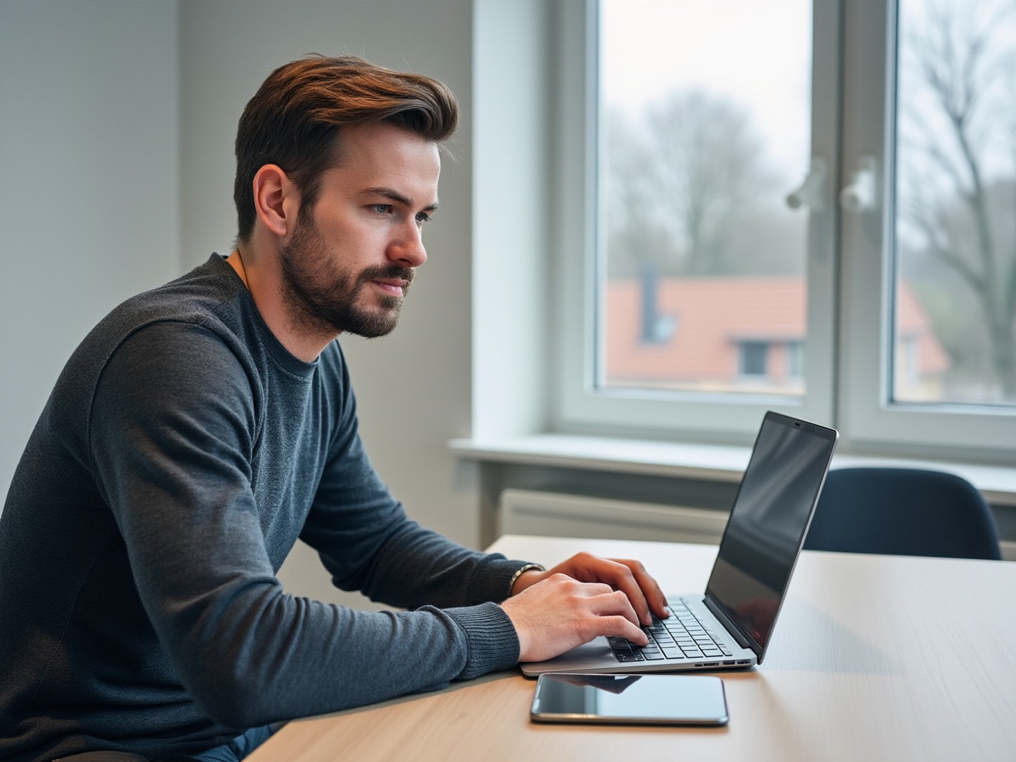 Financieel adviseur achter zijn laptop in een rustig advieskantoor