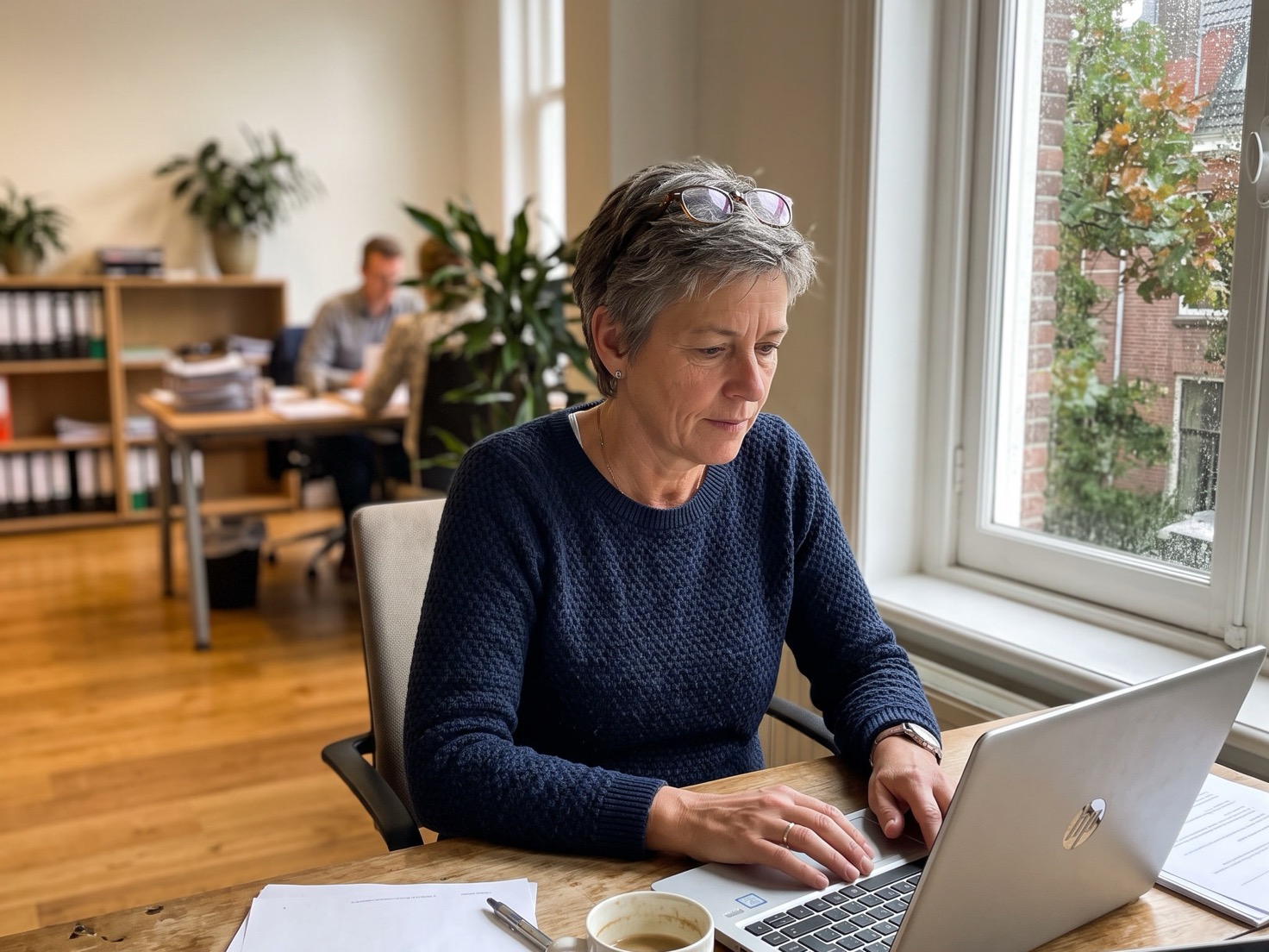 Financieel adviseur werkt geconcentreerd aan een laptop in een rustig advieskantoor