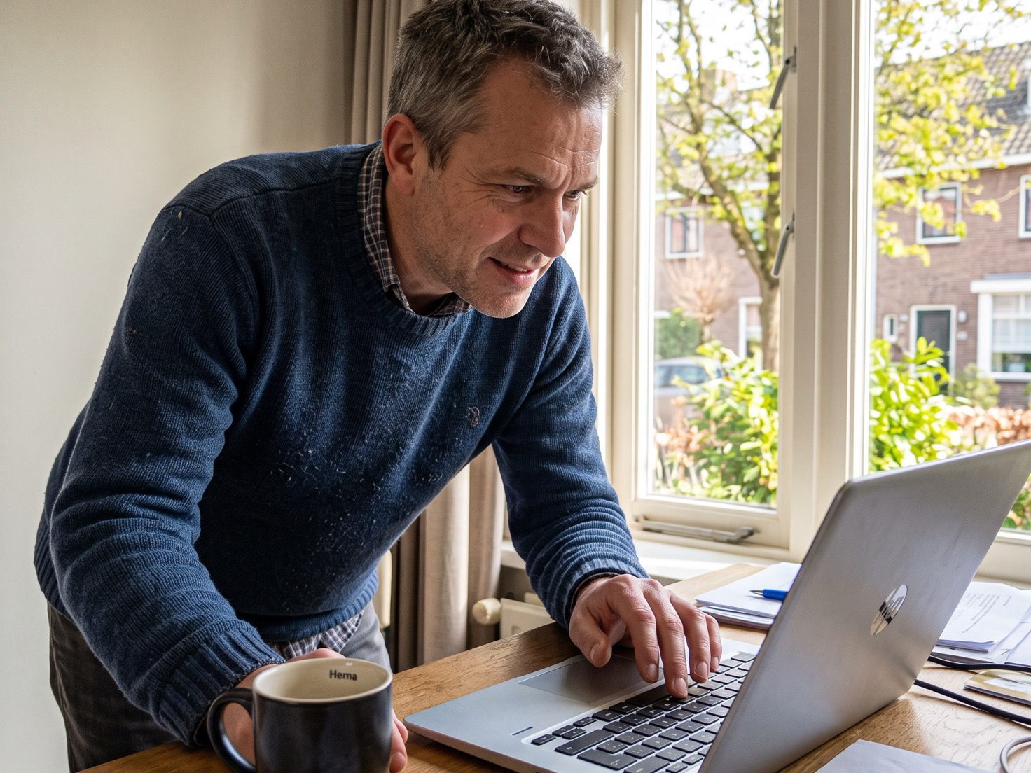 Financieel adviseur staat achter zijn bureau en bekijkt op zijn laptop de WOZ-gegevens van een klant