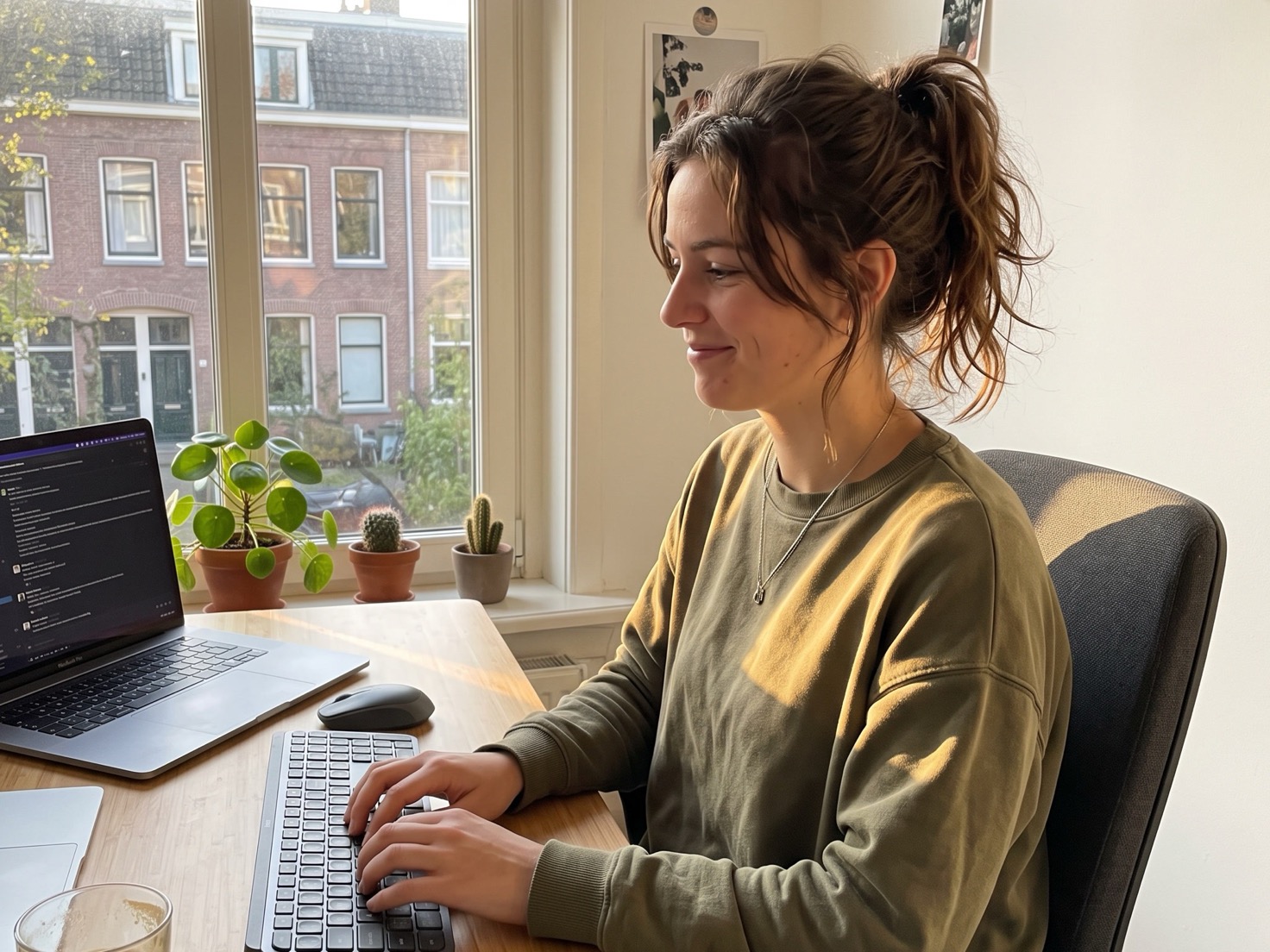 Financieel adviseur werkt aan een bureau bij een raam, bezig met contentplanning
