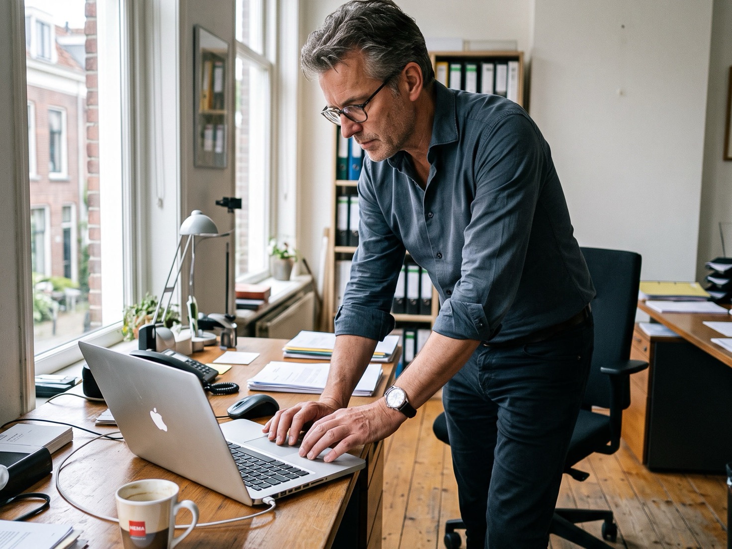 Financieel adviseur werkt geconcentreerd achter zijn bureau op kantoor