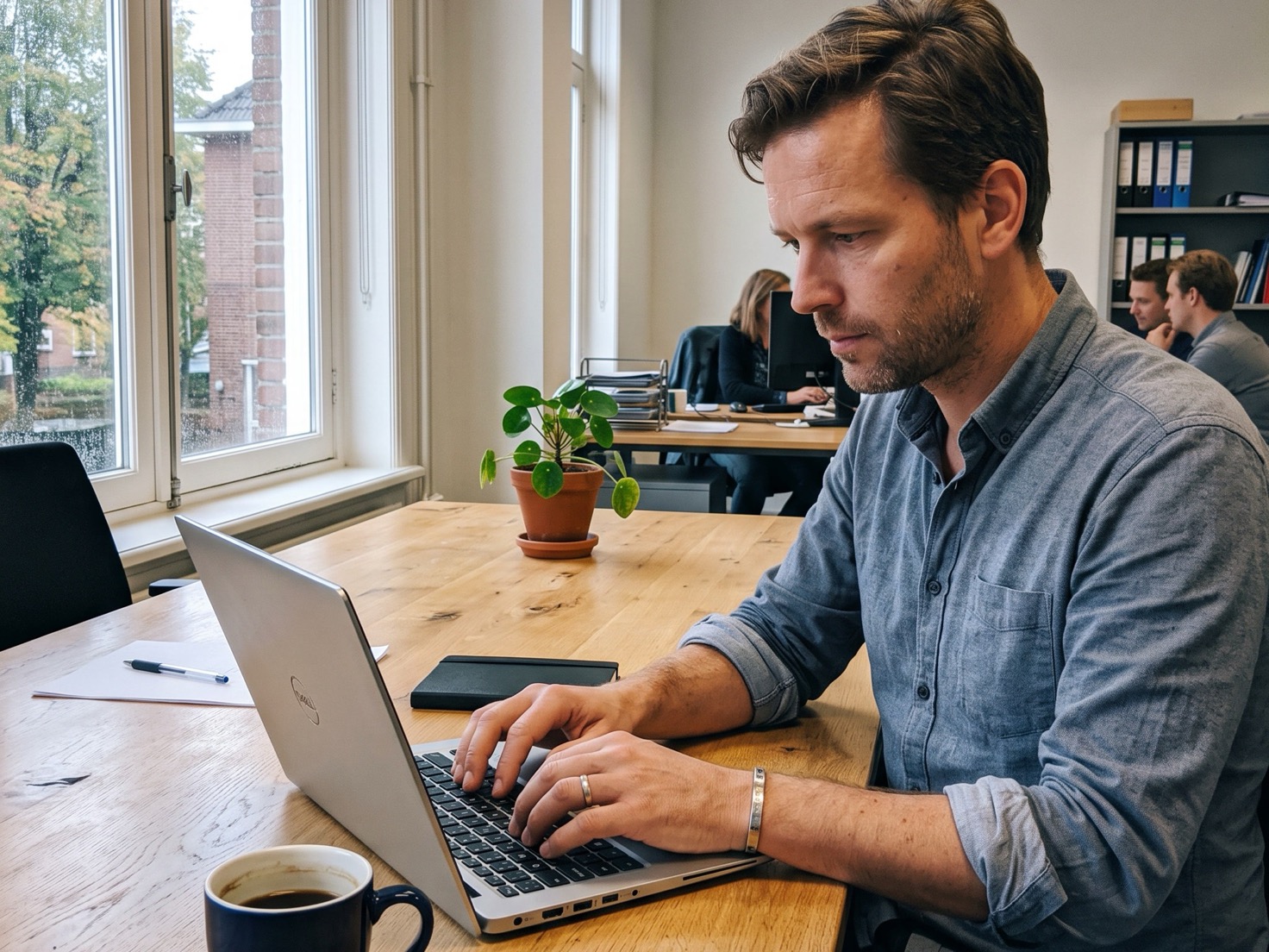 Adviseur aan een overlegtafel in een advieskantoor, geconcentreerd werkend aan een laptop
